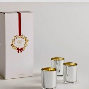 Pottery Barn Snow Berry Silver Votive Candle Trio 3.5 oz Each Open Box Gift Set